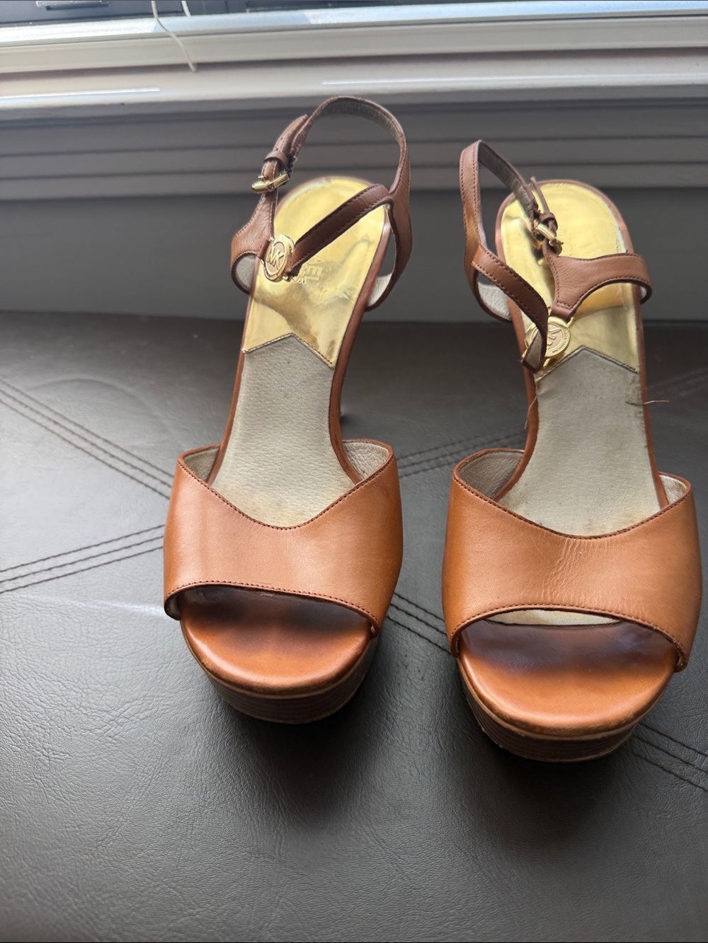 Michael Kors Tan Leather Platform Sandals with Ankle Strap